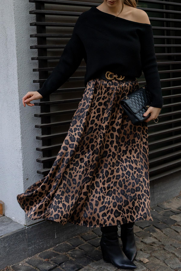 Leopar Desenli Saten Etek - KAHVERENGİ