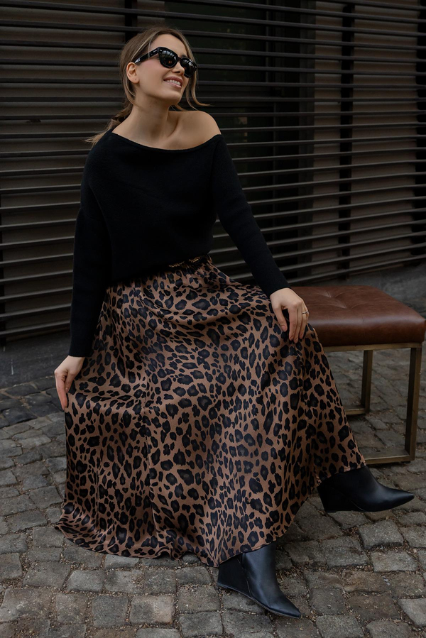 Leopar Desenli Saten Etek - KAHVERENGİ