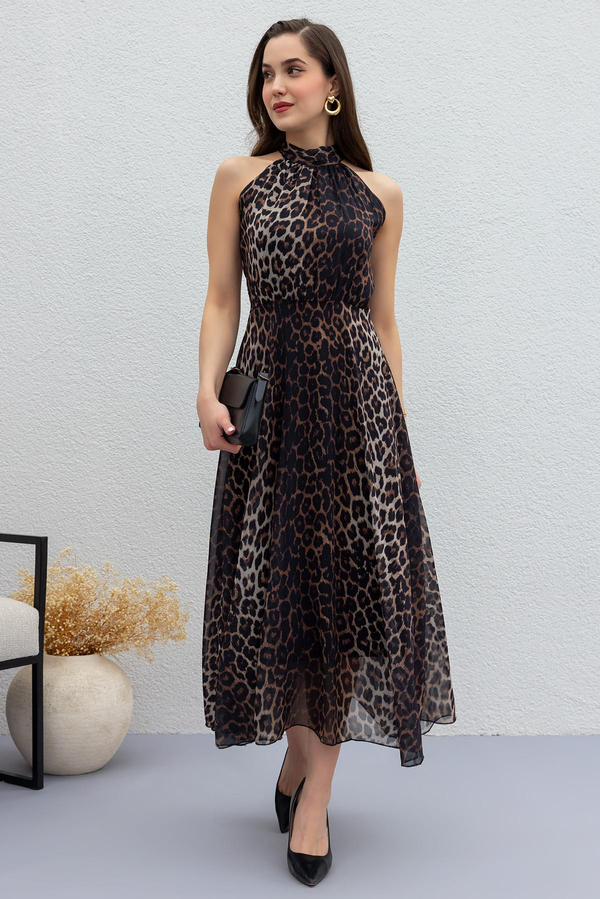 Leopar Desenli Şifon Elbise - KAHVERENGİ