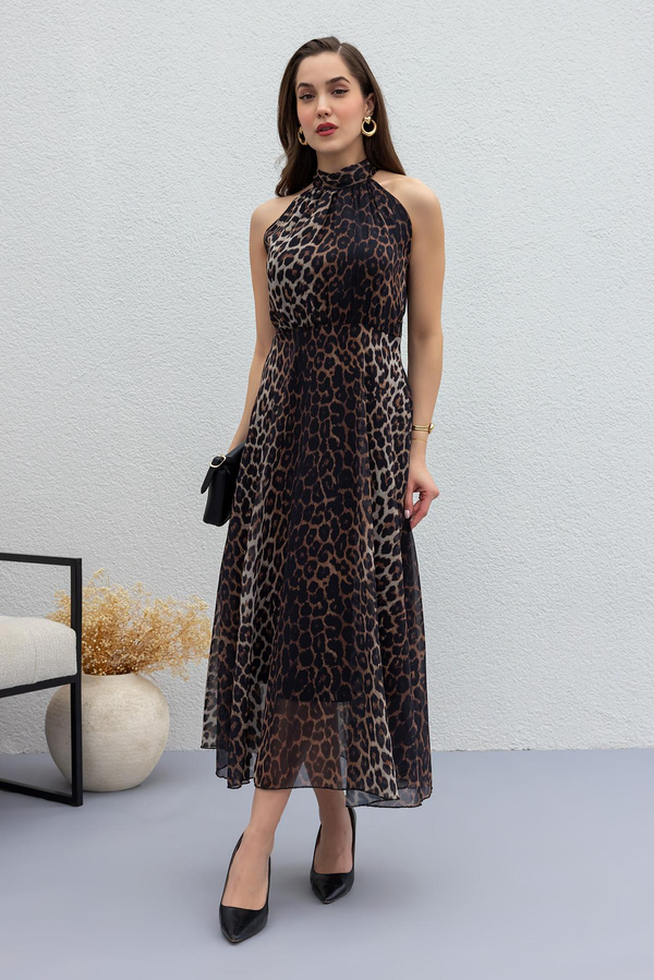 Leopar Desenli Şifon Elbise - KAHVERENGİ
