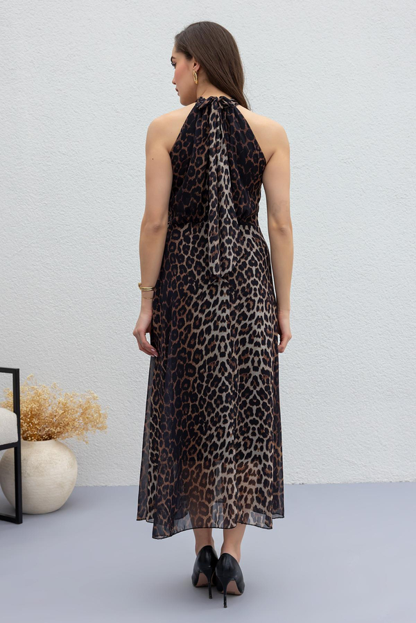 Leopar Desenli Şifon Elbise - KAHVERENGİ
