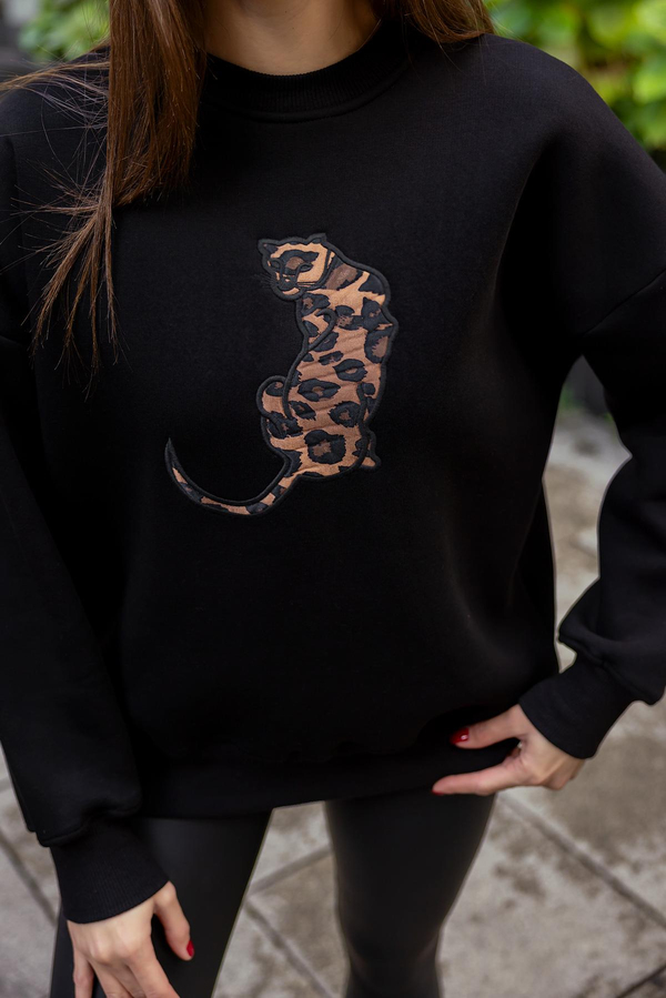 Leopar Detaylı Sweatshirt - SİYAH