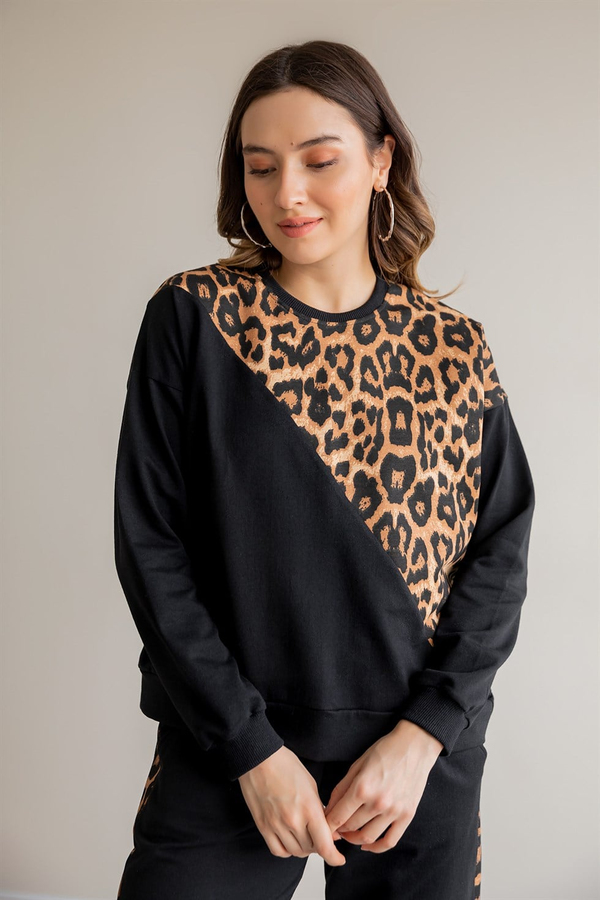Leopar Geçişli Eşofman Takımı - SİYAH