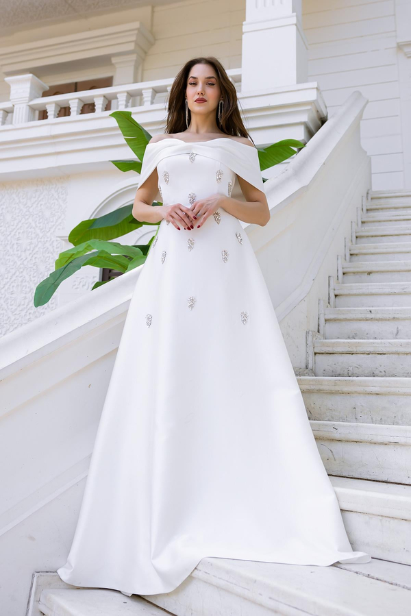 Madonna Yaka Taşlı Abiye - BEYAZ