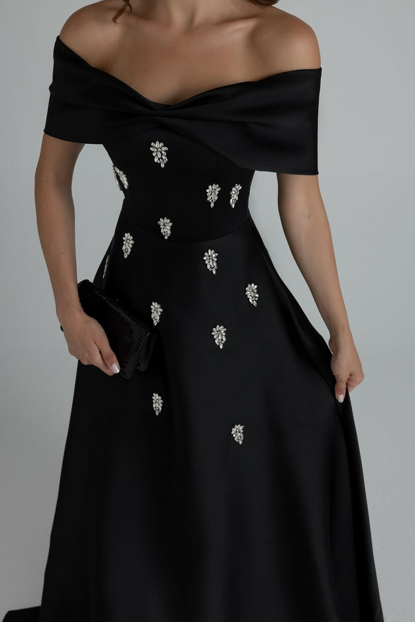 Off-Shoulder Embellished Gown - BLACK