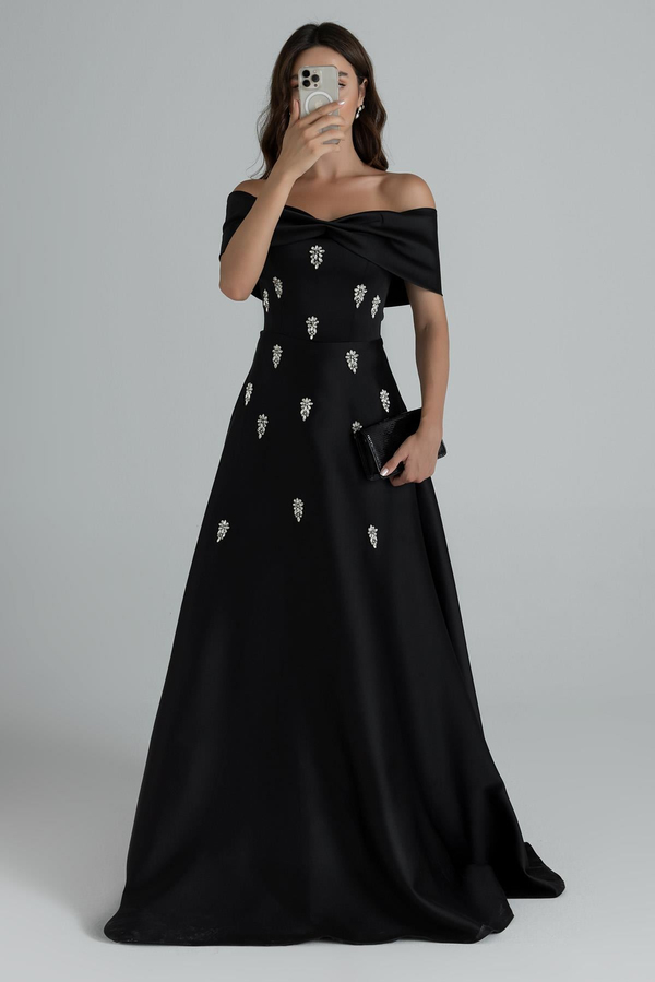Off-Shoulder Embellished Gown - BLACK