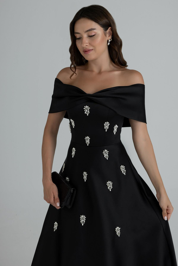 Off-Shoulder Embellished Gown - BLACK