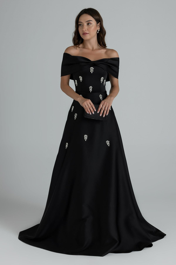 Off-Shoulder Embellished Gown - BLACK