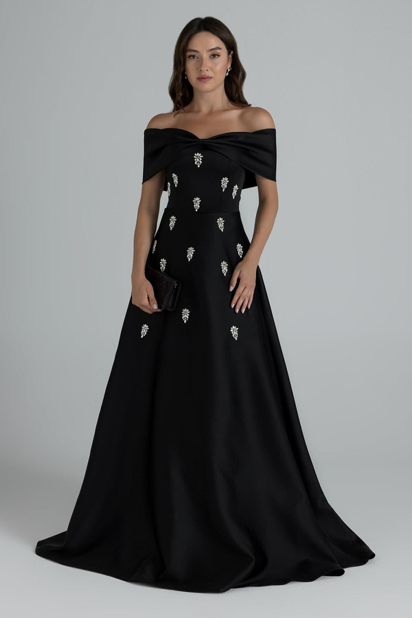 Off-Shoulder Embellished Gown - BLACK