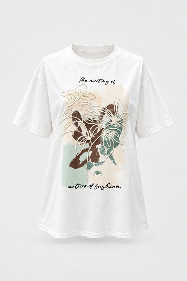 MGZ Baskı Nakış Detaylı T-Shirt - EKRU