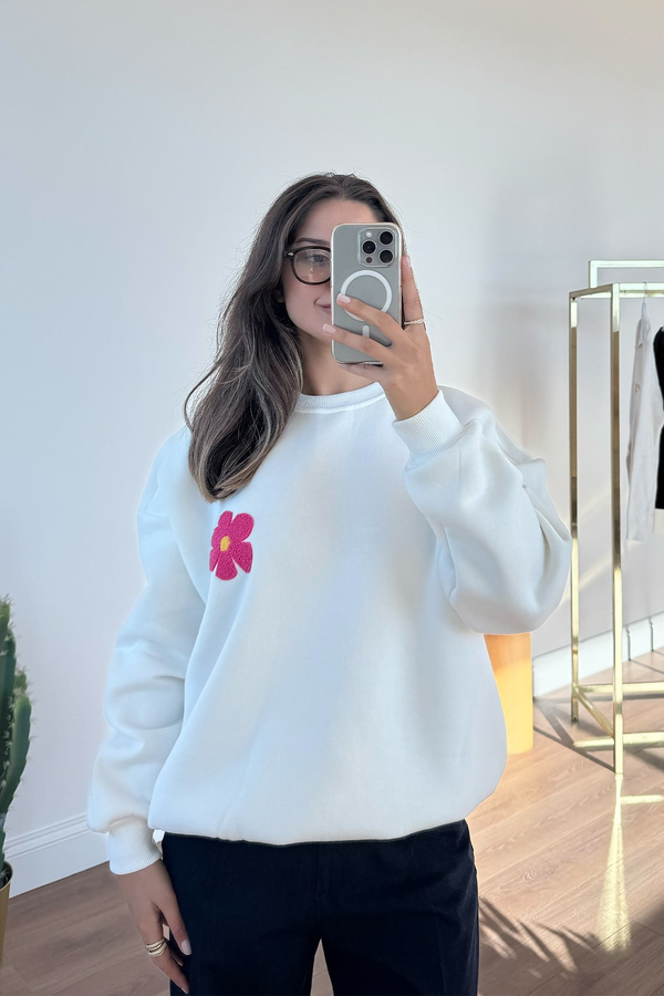 MGZ Çiçek Nakışlı Bisiklet Yaka Sweat - EKRU