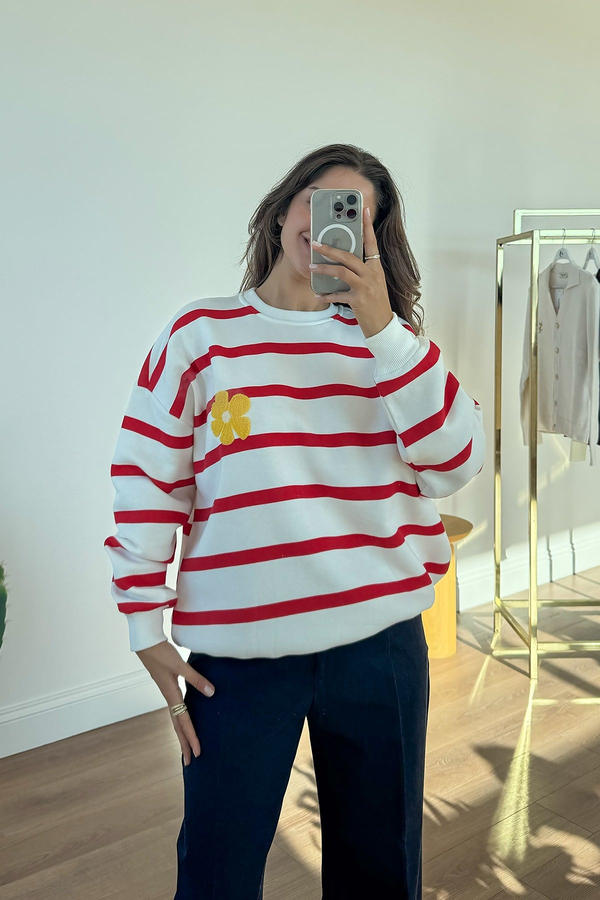 MGZ Çiçek Nakışlı Çizgili Sweat - KIRMIZI