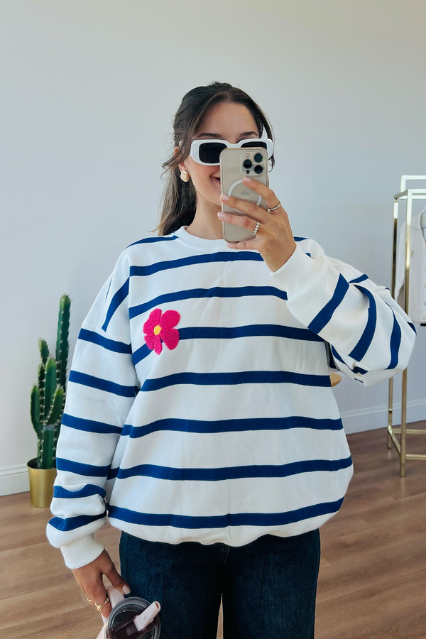 MGZ Çiçek Nakışlı Çizgili Sweat - SAKS