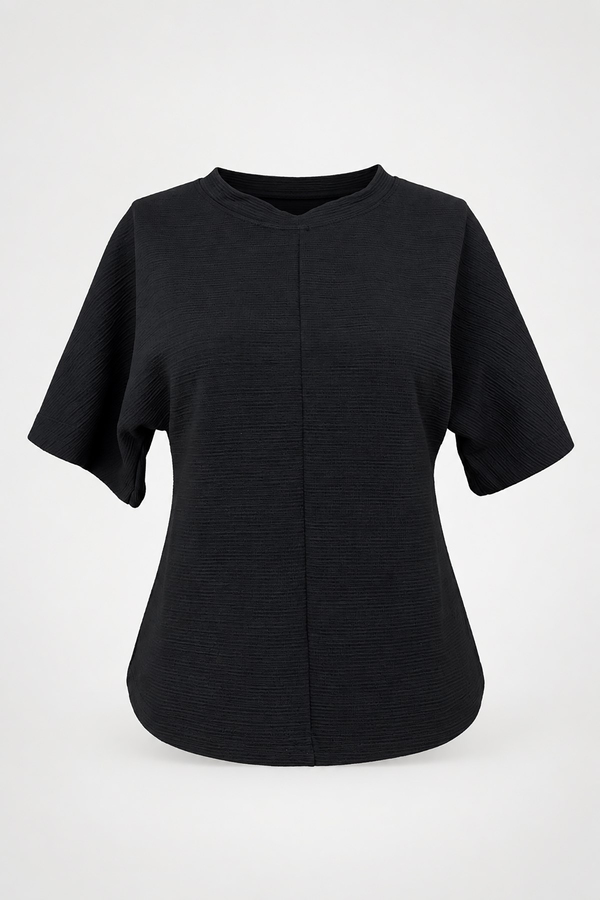 MGZ Dokulu Düşük Omuz Basic T-Shirt - SİYAH