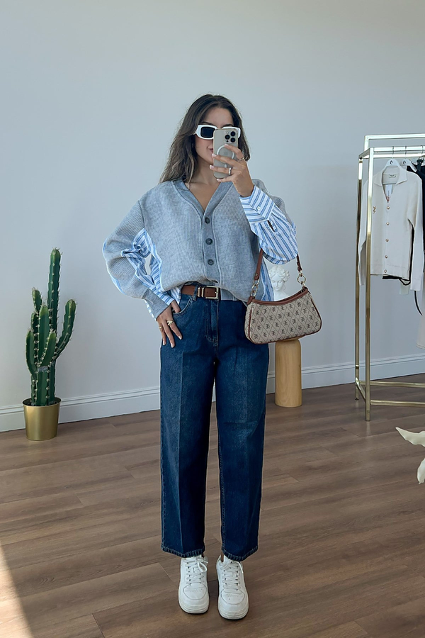 MGZ Kemerli Baggy Jean Pantolon - MAVİ