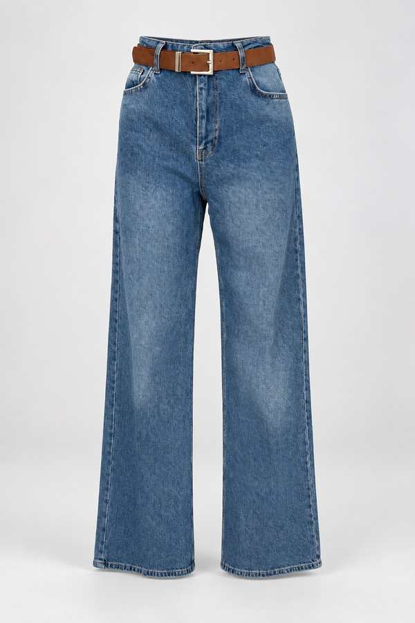 MGZ Kemerli Bol Paça Denim Pantolon - MAVİ