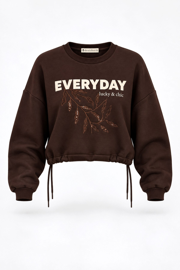 MGZ Nakışlı Yazı Baskılı Crop Sweat - KAHVERENGİ