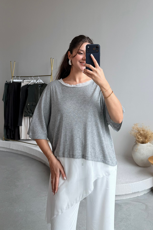 MGZ Tül Detaylı T-shirt - GRİ