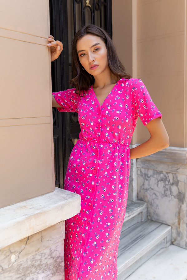 Mini Beyaz Çiçekli Elbise - PEMBE