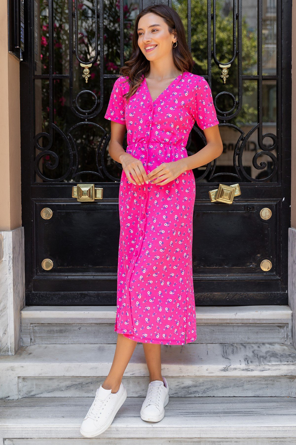 Mini Beyaz Çiçekli Elbise - PEMBE