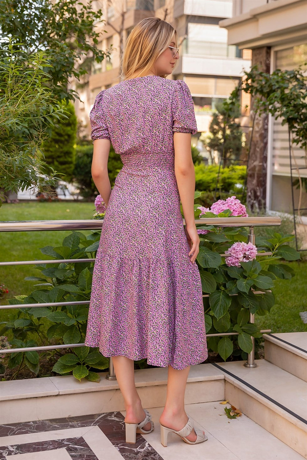 Mini Çiçek Düğmeli Viskon Elbise - PEMBE