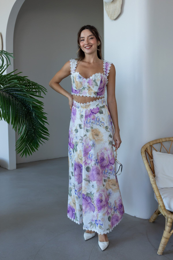 Nakış Detaylı Crop Takım - LİLA
