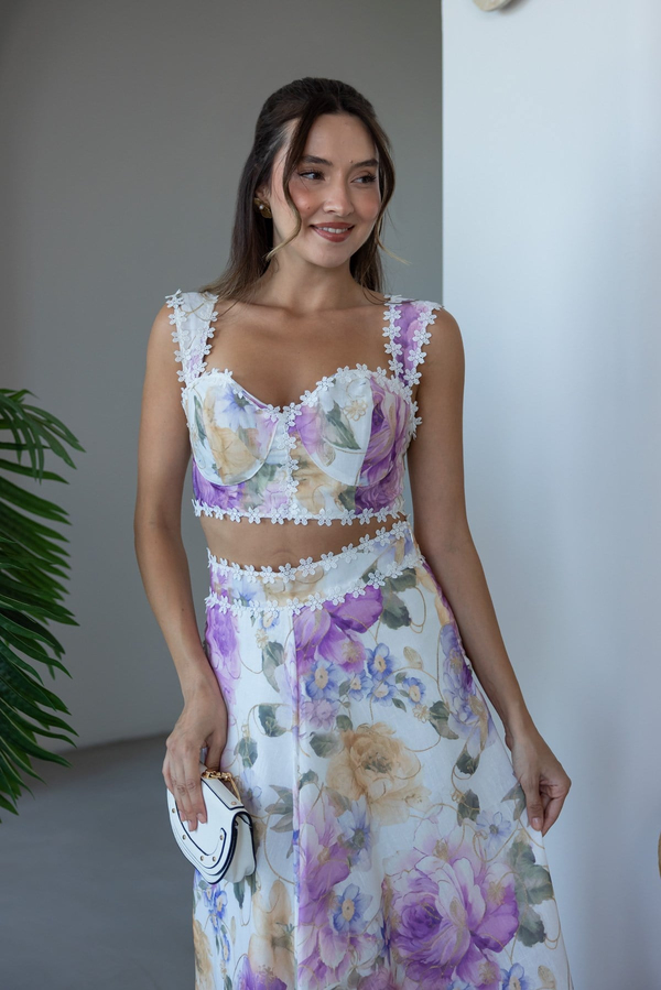 Nakış Detaylı Crop Takım - LİLA