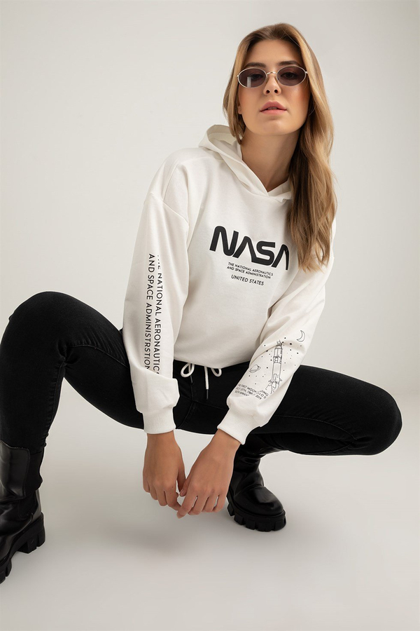 Nasa Baskılı Kapüşonlu Sweat - EKRU