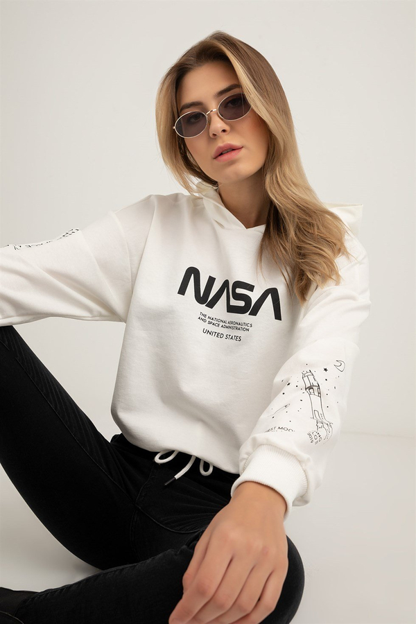 Nasa Baskılı Kapüşonlu Sweat - EKRU