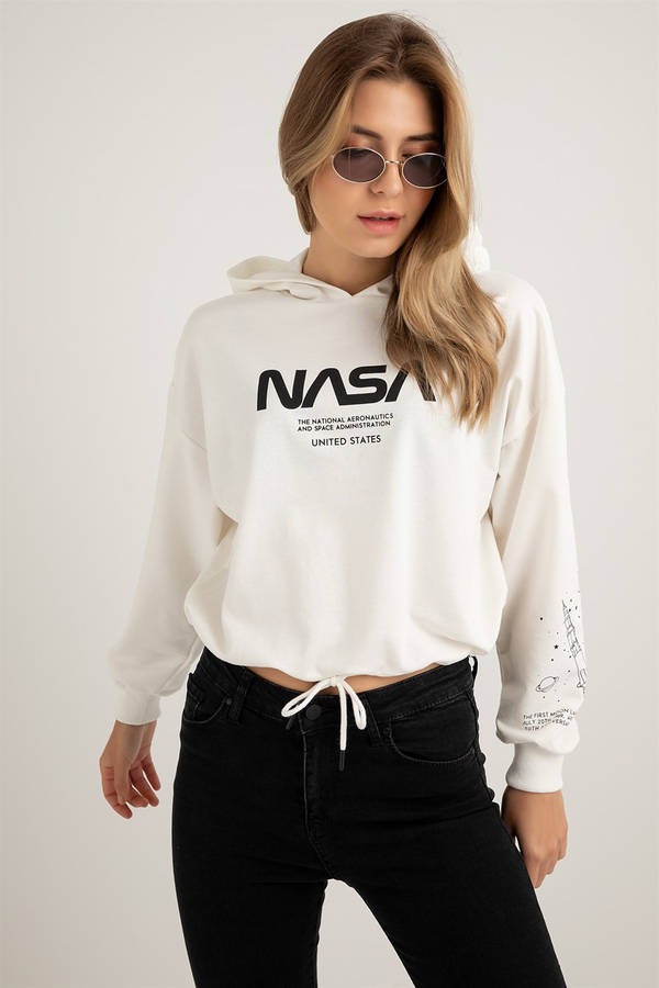 Nasa Baskılı Kapüşonlu Sweat - EKRU