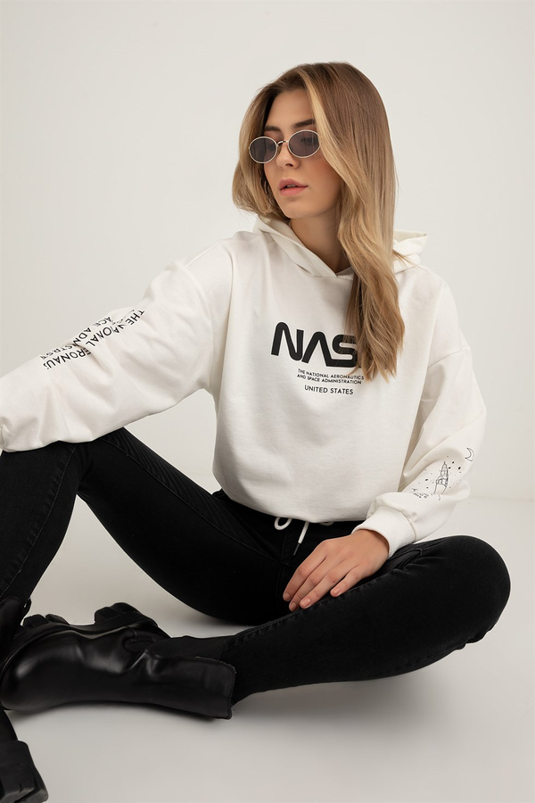 Nasa Baskılı Kapüşonlu Sweat - EKRU