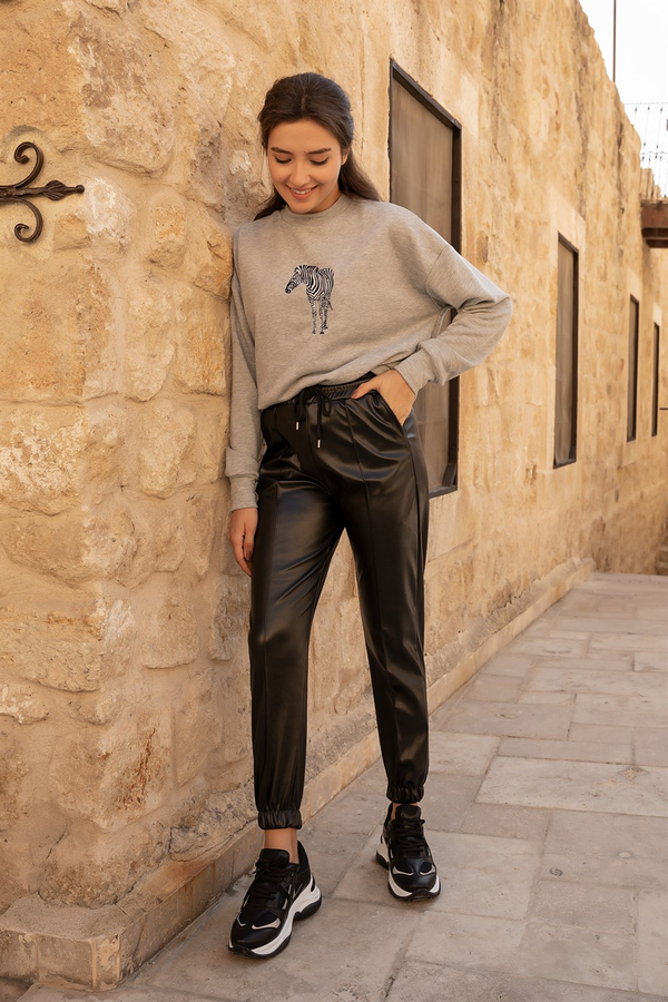 Nervürlü Jogger Deri Pantolon - SİYAH