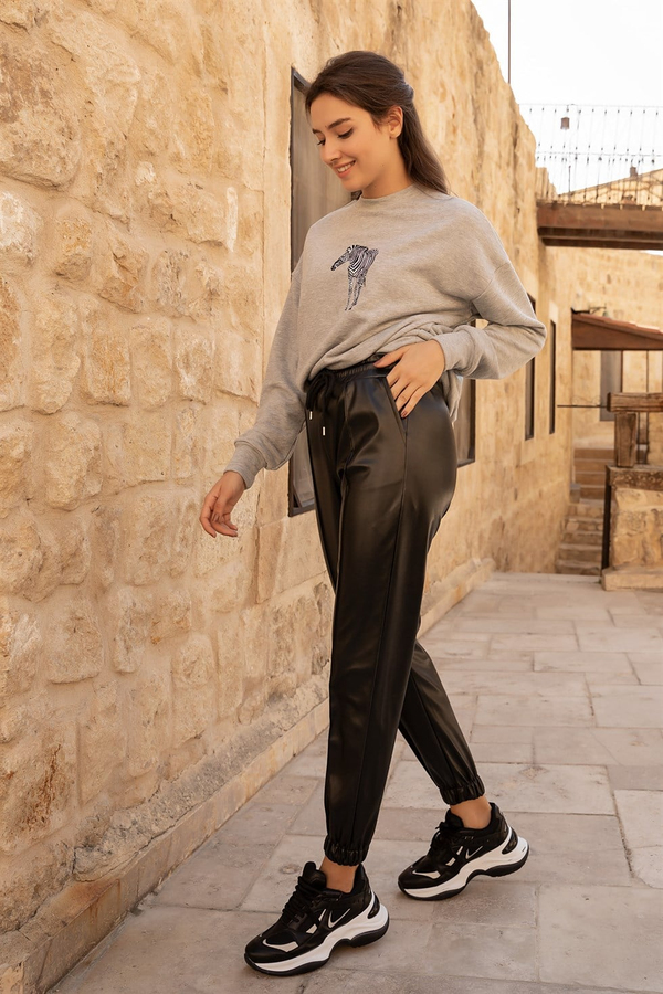 Nervürlü Jogger Deri Pantolon - SİYAH