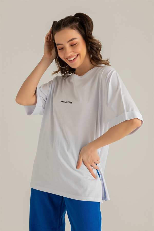 New Jersey Yazılı T-shirt - BEYAZ