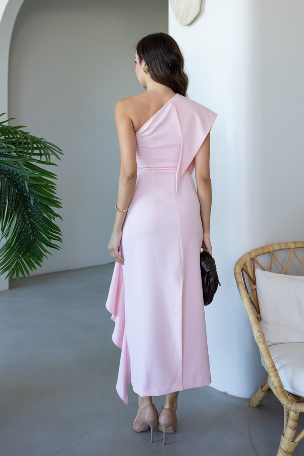 Omuz Detaylı Volanlı Elbise - PEMBE
