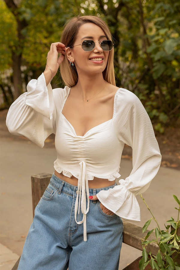 Ön Büzgülü Crop Top - BEYAZ