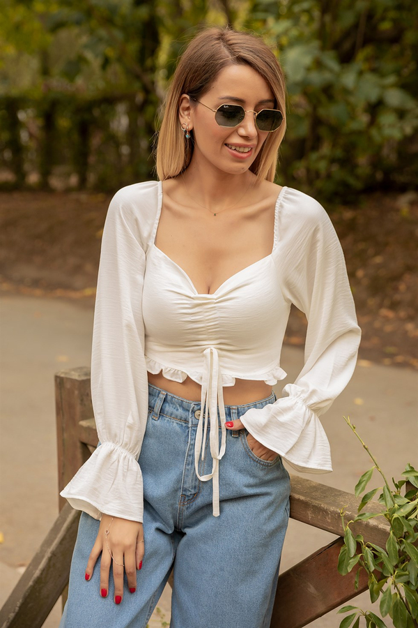 Ön Büzgülü Crop Top - BEYAZ