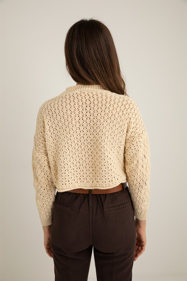 Örgü Crop Kazak - KREM
