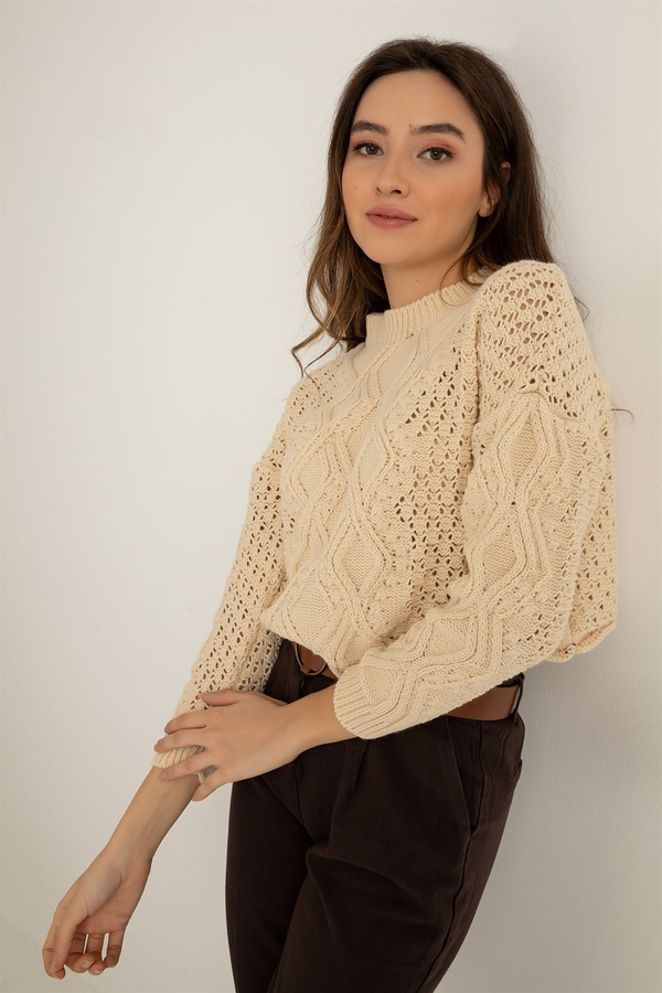 Örgü Crop Kazak - KREM