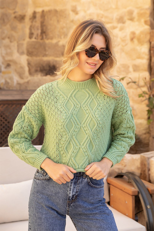 Örgü Crop Kazak - MİNT YEŞİL