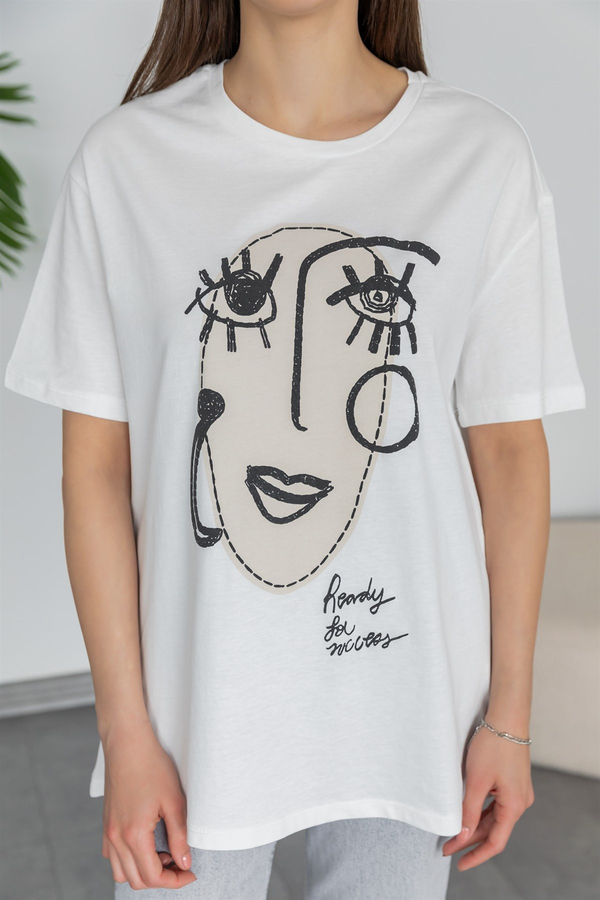 Oversize Baskılı T-Shirt - BEYAZ
