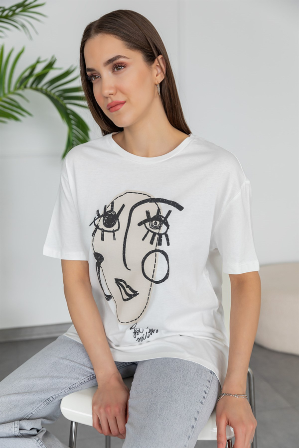 Oversize Baskılı T-Shirt - BEYAZ