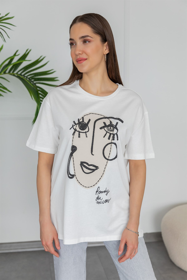 Oversize Baskılı T-Shirt - BEYAZ