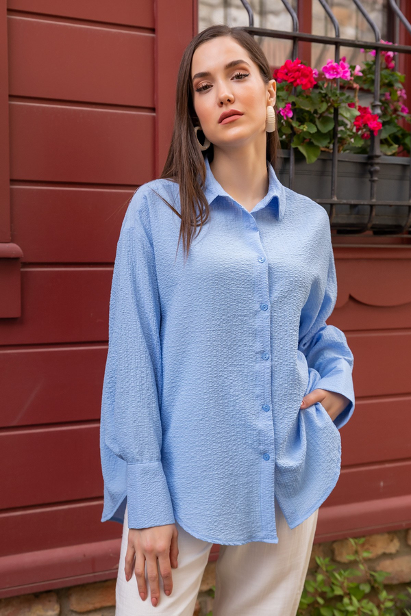 Oversize Dokulu Gömlek - BEBE MAVİSİ