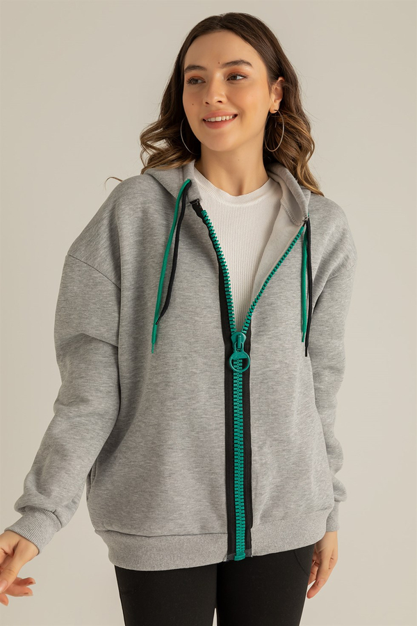 Oversize Fermuarlı Hırka - GRİ