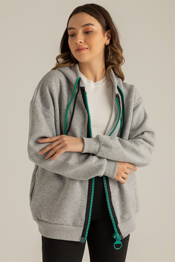 Oversize Fermuarlı Hırka - GRİ
