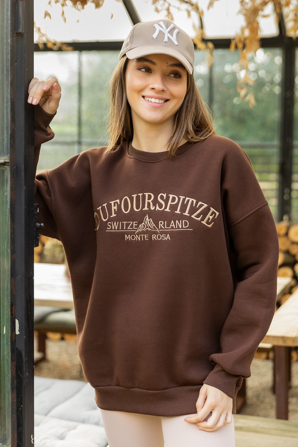 Oversize Nakışlı Sweat - KAHVERENGİ