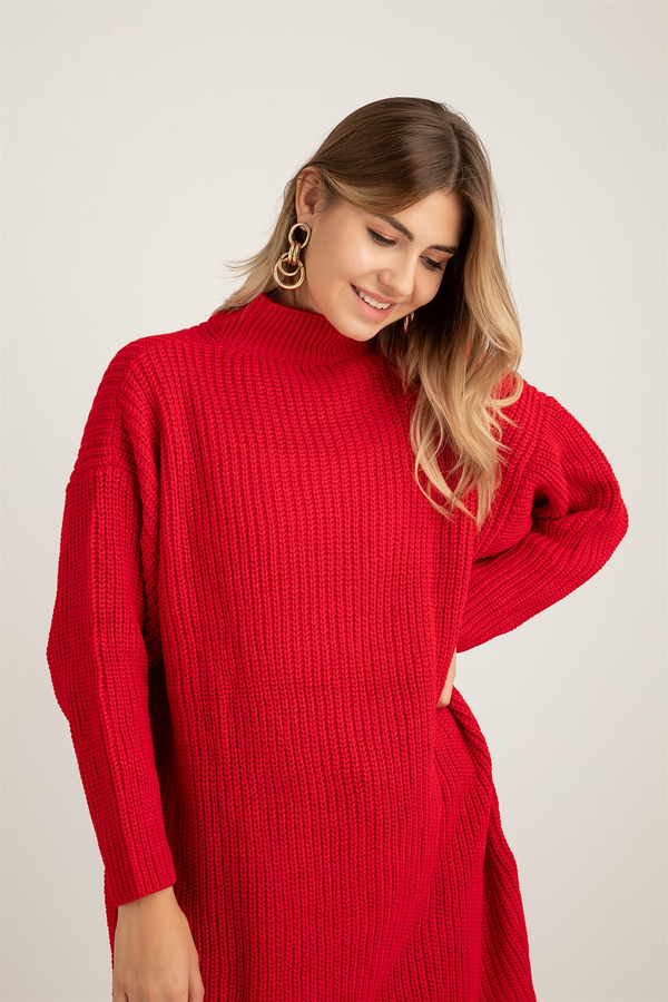 Oversize Örgü Tunik - KIRMIZI
