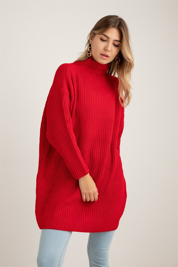 Oversize Örgü Tunik - KIRMIZI