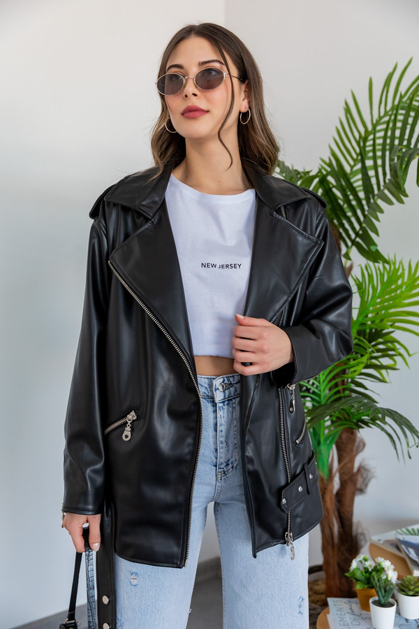 Oversize Suni Deri Ceket - SİYAH